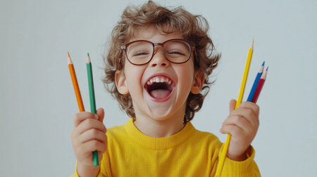 A young boy is holding a pencil and smiling. He is wearing glasses and a yellow shirt. Concept of happiness and excitement, as the boy is holding the pencils with enthusiasmの素材