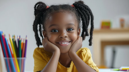A young girl with dark hair and a yellow shirt is smiling and looking at the camera. She is sitting at a desk with a bunch of colored pencils and a cupの素材