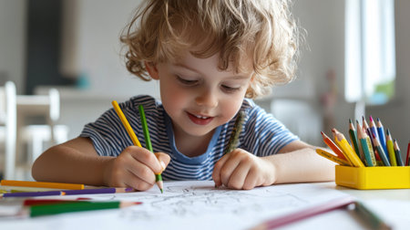 A young child is drawing a picture with a box of crayons. The child is smiling and he is enjoying the activity. The crayons are scattered around the child, with some on the tableの素材