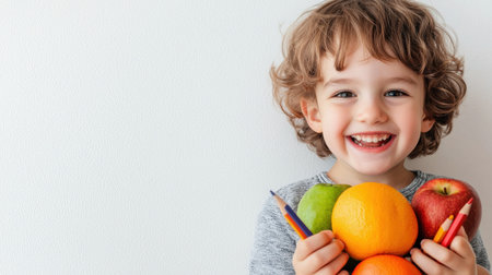 A young boy is holding a bunch of fruit, including apples and oranges. He is smiling and he is happyの素材