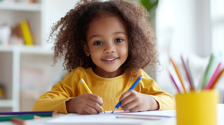 A young girl is sitting at a table with a yellow shirt and a blue pencil. She is smiling and drawing on a piece of paperの素材