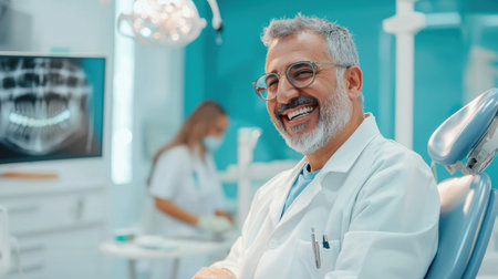 A man in a white lab coat is smiling in a dentist's office. He is sitting in a chair with a dental X-ray machine behind himの素材