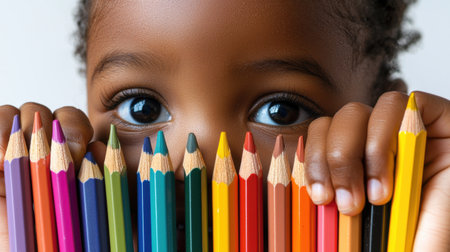 A young child is holding a bunch of colored pencils in their hand. The pencils are arranged in a row, with some being longer than others. The child's eyes are wide openの素材