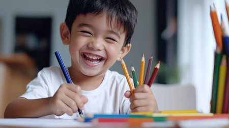 A young boy is sitting at a table with a pencil and a box of crayons. He is smiling and holding the pencil and crayons in his handsの素材