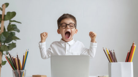A young boy is sitting at a desk with a laptop and a bunch of colored pencils. He is smiling and he is happyの素材