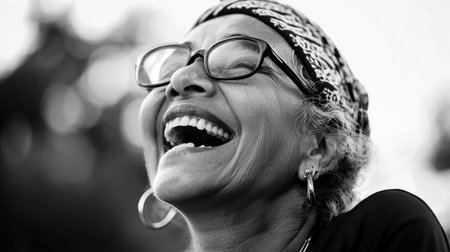 A woman wearing glasses and a bandana is smiling. She is happy and enjoying herself. Concept of joy and contentmentの素材