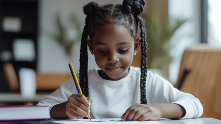 A young girl is sitting at a table with a pencil and a piece of paper. She is drawing a picture and smiling. Concept of creativity and joy, as the girl is engaged in a fun and artistic activityの素材