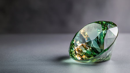 A green diamond sits on a table. The diamond is cut in a way that it looks like a triangleの素材