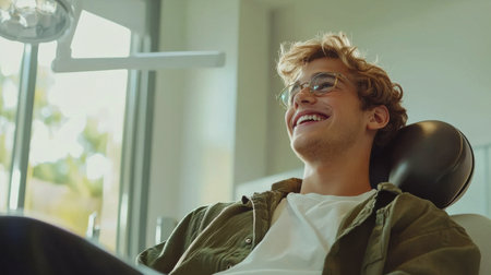 A young man is smiling in a dentist's chair. He is wearing glasses and a green jacketの素材