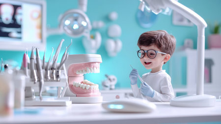 A young boy in a white lab coat is holding a pair of dental tools and smiling. The scene is set in a dentist's office, with a model of a mouth and a dental chair visible in the backgroundの素材