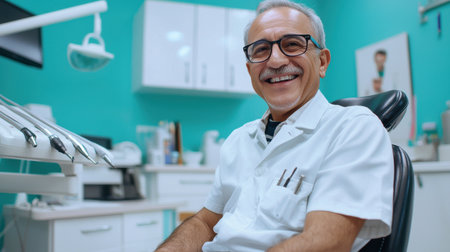 A man in a white lab coat is sitting in a dentist's chair with a smile on his faceの素材