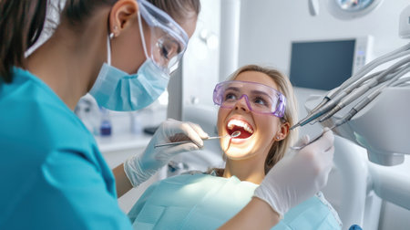 A woman is getting her teeth cleaned by a dentist. The dentist is wearing a mask and gloves. The woman is smiling, indicating that she is comfortable with the procedureの素材
