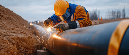 A man in a yellow and blue jacket is working on a pipe. He is wearing a hard hat and a face maskの素材