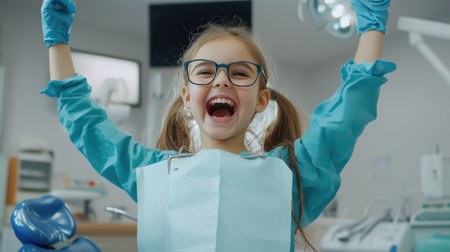 A young girl in a blue shirt and blue gloves is smiling and laughing in a dentist's officeの素材