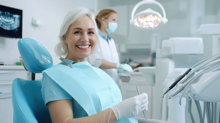 A woman is sitting in a dentist's chair with a smile on her face. She is wearing a blue shirt and white glovesの素材