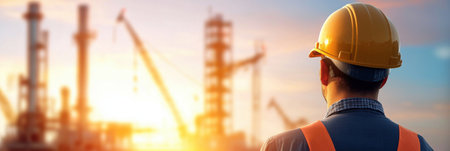 A man in a yellow hard hat stands in front of a large industrial plant. The sky is orange and the sun is setting. The man is a construction worker or engineer, looking out over the plantの素材