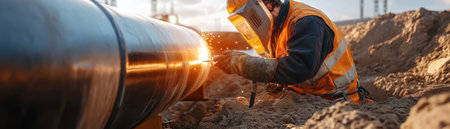 A man in an orange vest is working on a pipe. Concept of hard work and dedication, as the man is focused on his task despite the challenging conditionsの素材