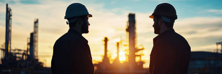 Two men wearing hard hats stand in front of a large industrial plant. The sun is setting in the background, casting a warm glow over the sceneの素材