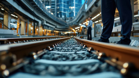 A man stands on a train track with a train in the background. The train is not movingの素材