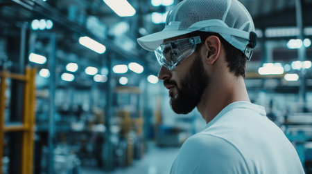 A man wearing a white shirt and a hard hat is standing in a factory. He is wearing safety goggles and a white hatの素材