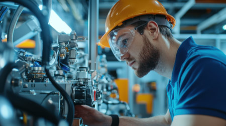A man in a blue shirt and yellow helmet is working on a machine. He is wearing a pair of goggles and a hard hatの素材