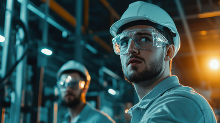 Two men wearing safety gear and goggles are standing in a dimly lit room. One of them is looking at the cameraの素材