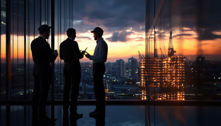 Three men are standing in a glass room looking out at the city. They are all wearing suits and talking to each other. Scene is professional and seriousの素材