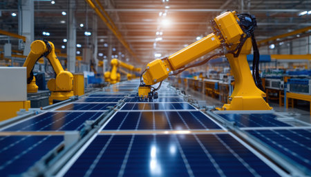 A yellow robot is working on a solar panel. The robot is surrounded by other robots, and the scene is set in a factory. Scene is industrial and futuristicの素材