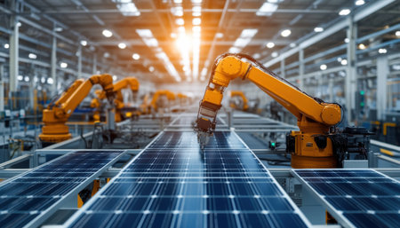 A factory with a large number of orange robots working on solar panels. The robots are positioned in various areas of the factory, with some working on the panels themselvesの素材