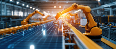 A factory with robots working on a conveyor belt. The robots are orange and are working on a blue surfaceの素材