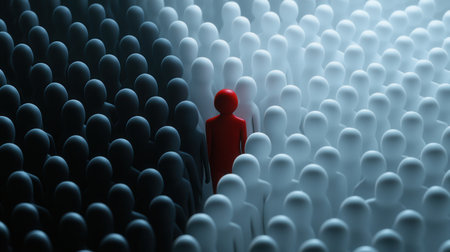 A group of people are standing in a line, with one person standing out in a red shirt. Concept of unity and togetherness, as the people are all standing together in a lineの素材