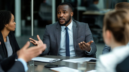 A group of people are sitting around a table in a business setting. A man in a suit is talking to the group, and another man is looking at him. Scene is serious and professionalの素材