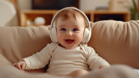 A baby wearing headphones and smiling. The baby is wearing a white outfit. The baby is sitting on a couchの素材