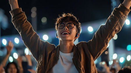 A man is smiling and holding his arms up in the air. He is wearing glasses and a brown jacket. Concept of joy and excitementの素材