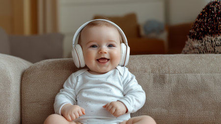 A baby wearing headphones and smiling. The baby is sitting on a couch. The couch is brownの素材