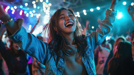 A woman is dancing and smiling at a party. Scene is joyful and celebratoryの素材