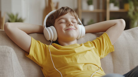 A young boy is wearing headphones and smiling while laying on a couch. Concept of relaxation and enjoyment as the boy listens to musicの素材
