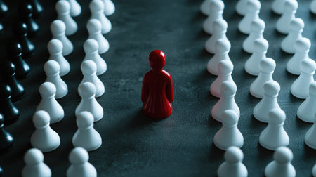 A man in a red shirt stands out in a crowd of white and black chess pieces. Concept of isolation and loneliness, as the man is the only one of his kind in the sceneの素材