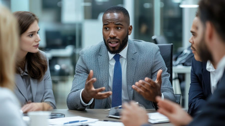 A group of people are sitting around a table in a business setting. A man in a suit is talking to the groupの素材