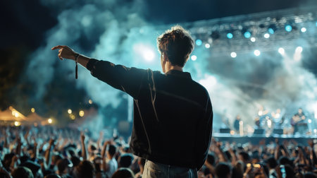 A man stands in front of a crowd of people, pointing to the sky. The atmosphere is lively and energetic, with people cheering and enjoying the eventの素材