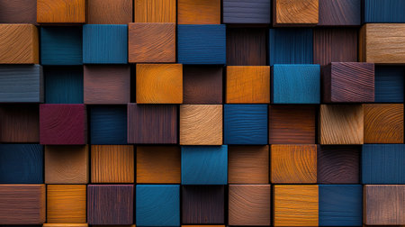 A colorful wall made of wooden blocks. The blocks are of different colors and sizes, creating a unique and artistic design. The wall appears to be made of wood, giving it a rustic and natural feelの素材