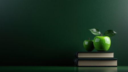 A green apple sits on top of two books. Concept of knowledge and learning, as the apple and books are often associated with education. The green color of the appleの素材