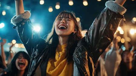 A woman is smiling and holding her hands up in the air. She is surrounded by a group of people who are also smiling and cheering. Scene is joyful and celebratoryの素材