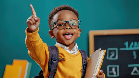 A young child wearing glasses and a yellow sweater is pointing at a piece of paper. The child is smiling and he is excited about something. The scene takes place in a classroom settingの素材