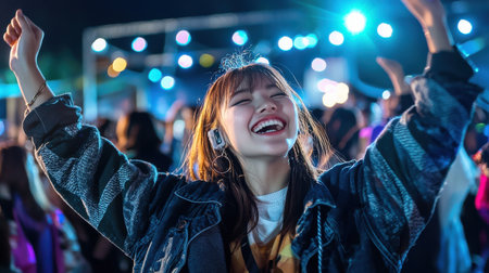 A woman is smiling and dancing at a party. She is wearing a black jacket and a white shirtの素材