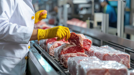 A butcher is cutting meat in a factory. The meat is wrapped in plastic and is being processedの素材