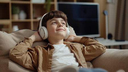 A young boy is laying on a couch with headphones on his ears. He is smiling and he is enjoying his musicの素材