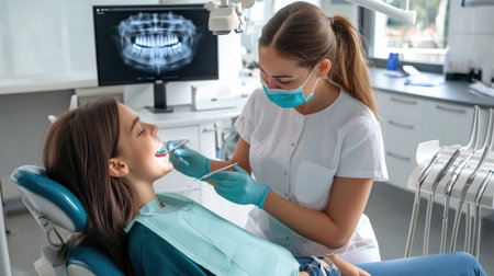 A woman is getting her teeth cleaned by a dentist. The woman is wearing a blue shirt and a white lab coat. The dentist is wearing a blue mask and gloves. The room is clean and organizedの素材