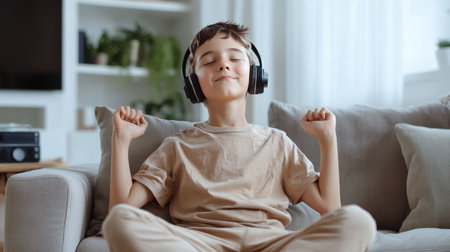 A young boy is sitting on a couch with headphones on, looking relaxed and happy. Concept of calm and contentment, as the boy appears to be enjoying his music or a podcastの素材