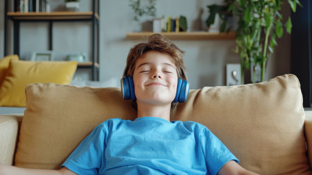A young boy is wearing headphones and smiling while laying on a couch. Concept of relaxation and enjoyment, as the boy is likely listening to music or a podcastの素材